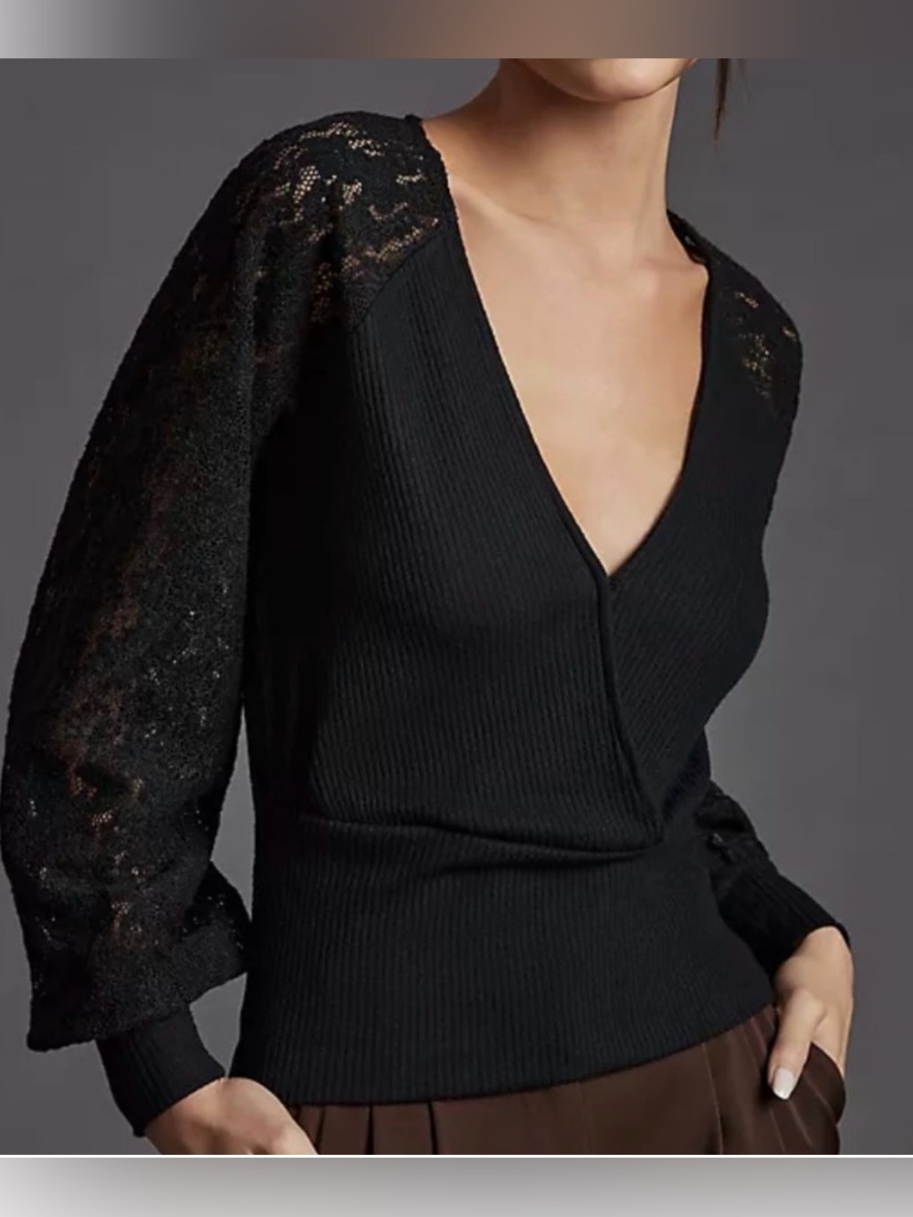 Anthropologie Black Lace Sleeve Crop crossover sweater M